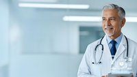 Confident mature male doctor with gray hair and stethoscope smiling in modern hospital corridor wearing white coat for healthcare and medical concepts.