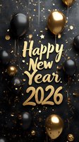 Golden Happy New Year 2026 text with black and gold balloons, confetti and sparkles on dark background. Elegant festive celebration design for holiday cards.