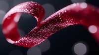 Elegant red ribbon with sparkling glitter detail curled against dark background with soft bokeh lights creating romantic and festive atmosphere.