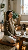Young woman meditating in cozy boho living room with candles and plants. Peaceful mindfulness practice at home for wellness and mental health relaxation.