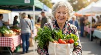 Happy senior Caucasian woman holding fresh vegetables in reusable bag at farmers market. Healthy lifestyle and sustainable shopping concept for elderly.