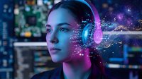 Young woman with futuristic headphones surrounded by digital particles and neon lights in cyberpunk style technology concept for gaming and virtual reality.