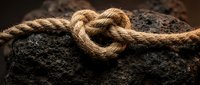 Natural jute rope tied in heart knot on dark volcanic rock surface symbolizing love connection strength unity bond relationship commitment.