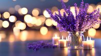 Fresh lavender stems in glass jar with glowing candles against blurred golden bokeh background creating romantic spa atmosphere and aromatic ambiance.