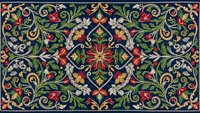 Ornate floral carpet with intricate scrollwork and botanical motifs in rich colors on dark background for luxury interior design and home decor projects.