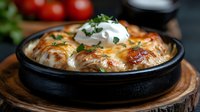Golden baked dumplings with sour cream and herbs in cast iron skillet on wooden board. Comfort food recipe for restaurant menu and cooking blog content.