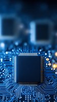 Computer processor chip on blue circuit board with electronic components and pathways for technology and hardware projects.