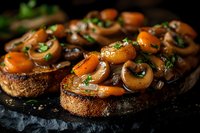 Rustic toasted bread slices topped with sauteed mushrooms, fresh herbs and garlic on dark stone background, close up view of gourmet appetizer.