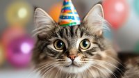 Adorable tabby kitten wearing colorful party hat with big green eyes celebrating birthday surrounded by festive balloons and bokeh lights.