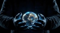 Businessman hands protecting glowing digital brain with neural network connections representing artificial intelligence and innovation technology.