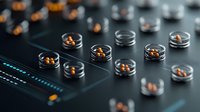 Pills in transparent capsules scattered on dark surface with blue light, pharmaceutical medication in clear gel capsules showing orange contents. Medical concept.