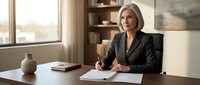 Professional mature Caucasian businesswoman with silver hair writing documents at modern office desk near window, executive leadership concept.