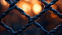 Metal wire mesh fence in dark blue tones against blurred warm bokeh lights background creating contrast between cold industrial and warm atmospheric elements.