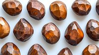 Faceted amber stones with geometric cuts arranged in rows on white background, showcasing natural brown and honey tones. Suitable for jewelry design layouts.