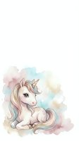 Adorable baby unicorn with pastel rainbow mane sitting on watercolor clouds in soft pink blue yellow tones for nursery decor and children designs.