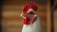 Close up portrait of white rooster with bright red comb and wattles against blurred wooden background, showing detailed feathers and distinctive eye.