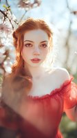 Young woman with auburn hair in red off-shoulder dress surrounded by spring cherry blossoms in soft sunlight, creating dreamy romantic atmosphere.