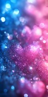 Glittering heart shape formed by sparkles against dreamy blue and pink bokeh background, creating magical romantic atmosphere for Valentine's Day designs.