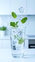 Fresh mint leaves and ice cubes splashing into clear glass of sparkling water on modern kitchen counter creating refreshing summer beverage concept.