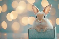 Adorable white bunny rabbit sitting in decorative turquoise gift box against blurred bokeh lights background creating magical holiday atmosphere.