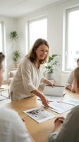Smiling middle-aged Caucasian businesswoman presenting project plans during team meeting in bright modern office with plants and natural light.