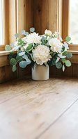 White flower arrangement with eucalyptus in ceramic vase on rustic wooden windowsill creating elegant farmhouse home decor for interior design projects.