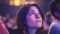 Young woman with thoughtful expression looking up at dramatic purple lighting during event, audience members visible in soft focus background.