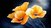 Orange poppies with delicate petals against dark background, glowing with vibrant color and soft light, creating dramatic floral composition.