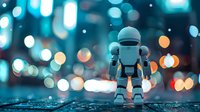 Futuristic toy robot standing on urban street with blurred city lights creating bokeh effect in background, concept of technology and artificial intelligence.