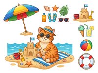 Cute orange tabby cat wearing sunhat sitting on sandy beach building sandcastle surrounded by summer vacation icons including umbrella, flip-flops, sunscreen, ice cream, beach ball and life ring. Isolated clipart design for t-shirts, posters and children's graphics.