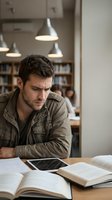 Focused young Caucasian man studying with books and tablet in modern library with pendant lighting for academic research and learning concepts.