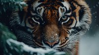 Close up portrait of majestic tiger face with intense blue eyes and snow falling, showing detailed fur texture and fierce expression in winter environment.