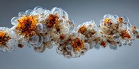 Abstract molecular structure with orange and transparent spherical elements floating in space representing scientific research and biotechnology concepts.