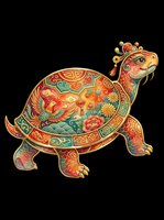 Ornate Chinese lucky turtle with golden details, floral and dragon shell art, isolated on transparent background, for stickers, t-shirt design, and print on demand.