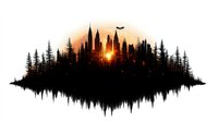 Dark cityscape silhouette reflected in water with sunset and pine forest creating sound wave effect, flying bat against orange sky background, gothic urban landscape.