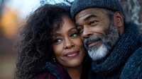 Mature African American couple sharing intimate moment outdoors in winter clothing, expressing genuine love and connection with warm smiles and close embrace.
