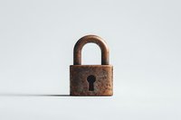 Rusty vintage padlock on white background with dramatic shadow, symbolizing security, privacy protection and data encryption concepts for business designs.