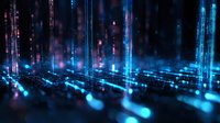 Futuristic digital landscape with glowing blue light streams and particles against dark background creating atmospheric cyberpunk environment.