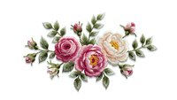 Embroidered floral arrangement with pink roses and green leaves on white background, isolated for crafting and textile design projects.