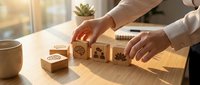 Professional woman arranging wooden blocks with nature symbols on desk in bright office workspace for business planning and environmental concepts.