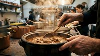 Experienced male chef stirring rich stew in a cast iron pot in a busy professional kitchen with steam rising.