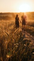 Romantic couple holding hands walking through golden wheat field at sunset with warm sunlight and wildflowers creating dreamy atmosphere for love concepts.