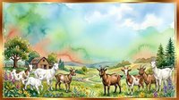 Watercolor illustration of goats and sheep grazing in pastoral countryside landscape with rolling hills, farmhouse, and trees. Suitable for farm, agriculture, and rural design projects.