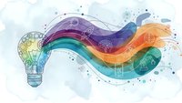 Creative lightbulb with colorful flowing waves and business icons representing innovation, brainstorming and entrepreneurial ideas for startup projects.