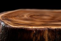 Close-up macro shot of tree stump cross section showing detailed wood grain rings, annual growth patterns and natural texture on dark background.