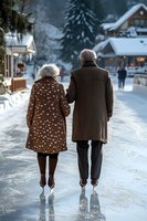 Senior couple walking hand in hand through snowy alpine village street in winter coats. Elderly man and woman strolling together on icy path past chalets.