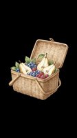 Watercolor wicker picnic basket filled with pears, blueberries, and raspberries, isolated on transparent background, ready for stickers, t-shirt design, and print on demand.