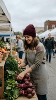 Young woman in burgundy beanie and apron selecting fresh beetroot at outdoor farmers market with organic vegetables and produce stalls.