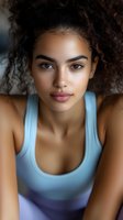 Young mixed race woman with natural curly hair wearing light blue athletic tank top looking directly at camera with confident expression and natural makeup.