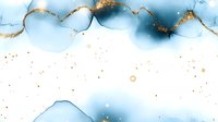 Abstract watercolor art in light blue and gold with flowing liquid shapes and metallic splatters on white background, modern fluid design for luxury stationery and wall decor.